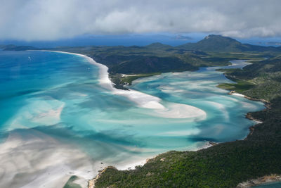 Scenic view of sea and mountains against sky