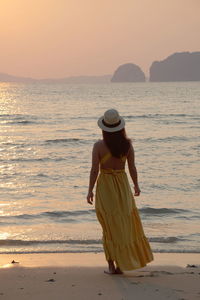 Rear view of woman standing at beach during sunset