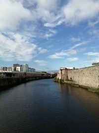 River by buildings against sky