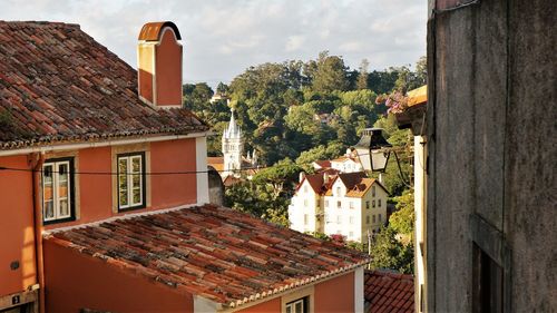 Houses and trees in town against sky