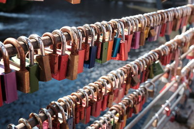 Close-up of padlocks hanging on railing