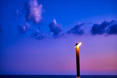 Bird flying over sea against blue sky