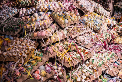 High angle view of multi colored vegetables for sale in market