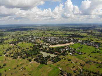 High angle view of agricultural field against sky