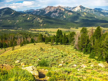 Scenic view of landscape and mountains against sky