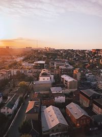 High angle view of townscape against sky at sunset