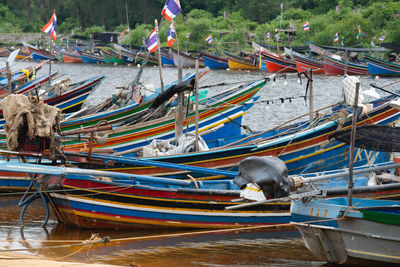 View of boats moored in sea