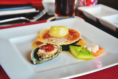 High angle view of food in plate on table