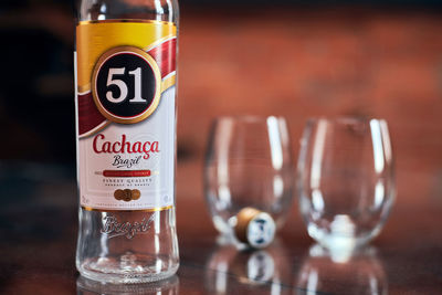 Close-up of beer glass on table