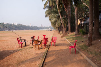 Empty chairs and palm trees on sand against sky