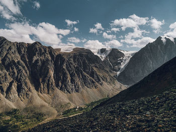 Panoramic view of snowcapped mountains against sky