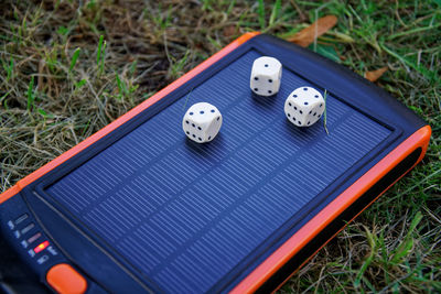 High angle view of piano on table