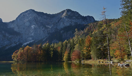 Scenic view of lake against mountain during autumn