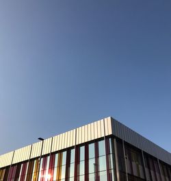 Low angle view of modern building against clear blue sky