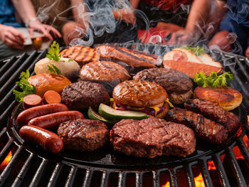 High angle view of food on barbecue grill