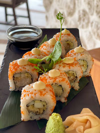 High angle view of sushi served on table