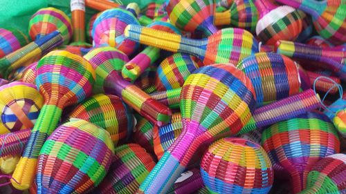 Close-up of colorful patterned toys