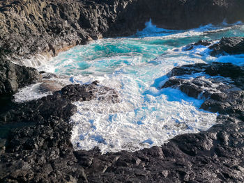 Aerial view of water flowing through rocks