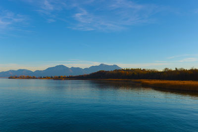 Scenic view of lake against blue sky