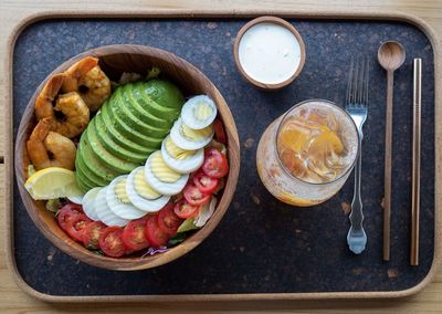 High angle view of breakfast on table