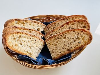 High angle view of bread in basket on table