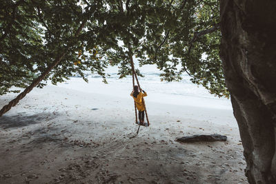 Rear view of person standing on swing