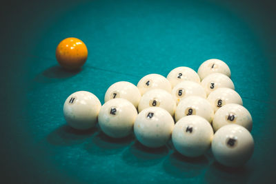 Close-up of balls on pool table