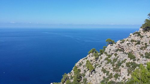 Scenic view of sea against clear blue sky