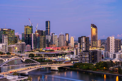 Illuminated buildings in city