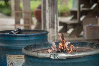 Close-up of fire in drum