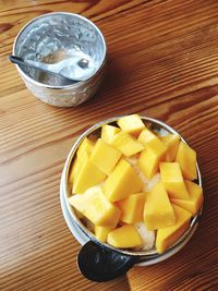 High angle view of chopped fruit on table