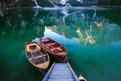 High angle view of boat moored in lake