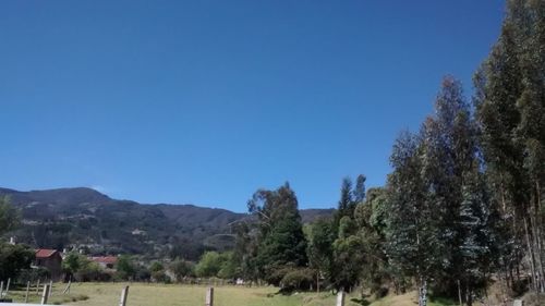 Scenic view of mountains against clear blue sky