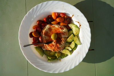 High angle view of food in plate