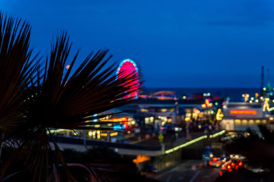 Illuminated ferris wheel in city at night