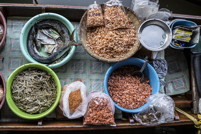 High angle view of food for sale in market