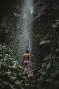 Rear view of man standing against waterfall