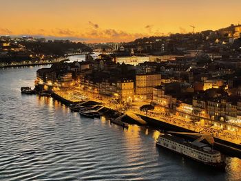 High angle view of city at waterfront during sunset