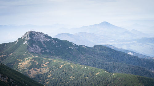 Rocky mountain surrounded by a forest with more mountains in fog in the background,slovakia, europe