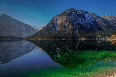 Scenic view of lake by mountains against sky