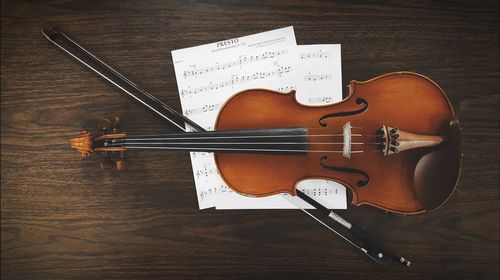 High angle view of violin on table