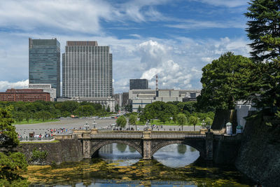 Bridge over river by buildings in city against sky