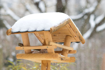 Close-up of birdhouse on snow covered field