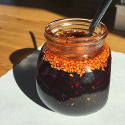 High angle view of drink in jar on table