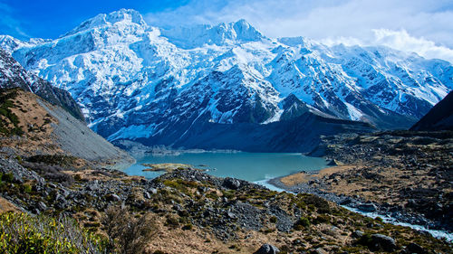 Scenic view of snowcapped mountains against sky