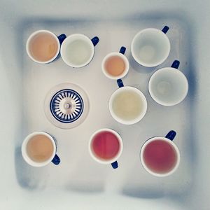 High angle view of wine glasses