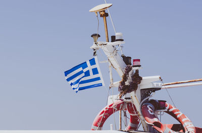 Low angle view of motorcycle against clear blue sky