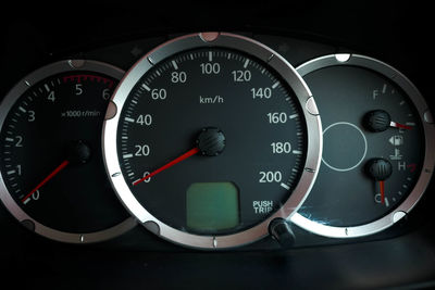 Close-up of speedometer in car