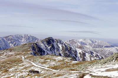 Scenic view of snowcapped mountains against sky