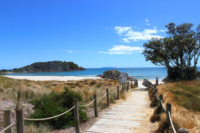 Scenic view of beach against clear blue sky